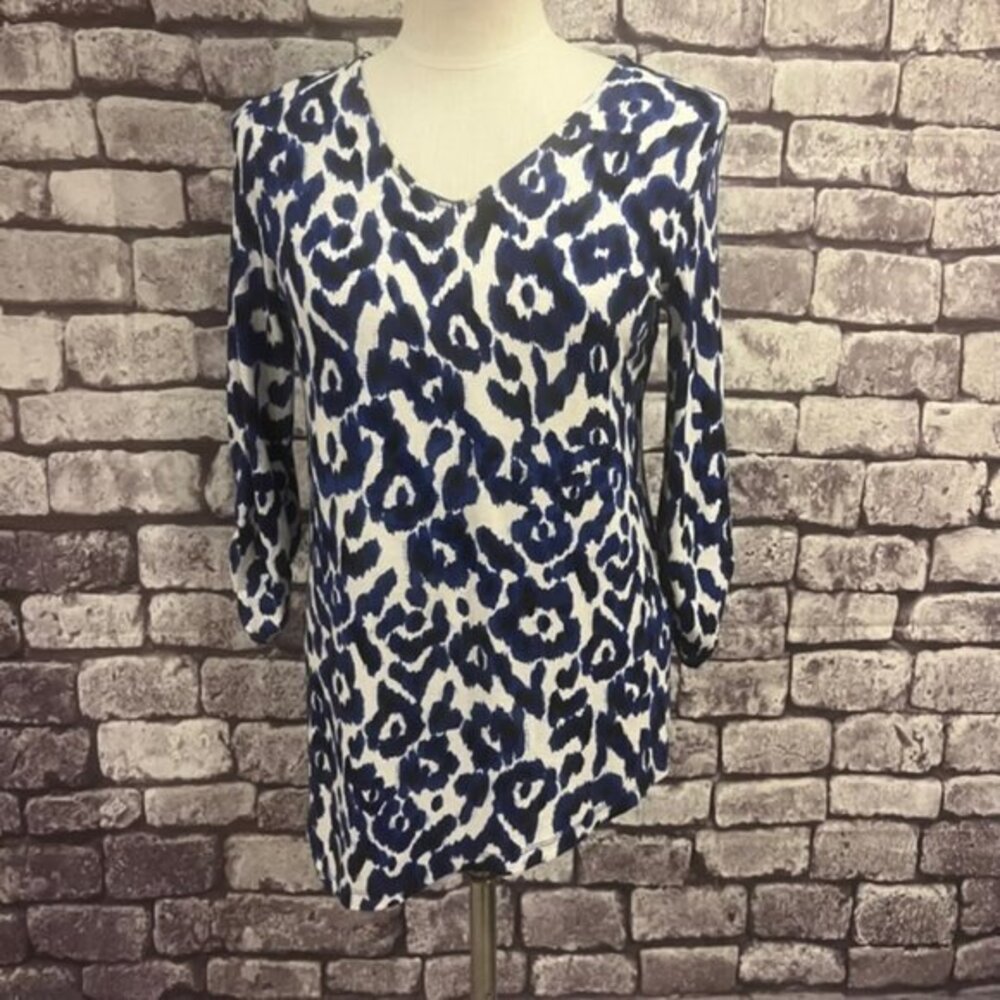 Chico's Blue & White 3/4 Sleeve V-Neck Blouse Size Small